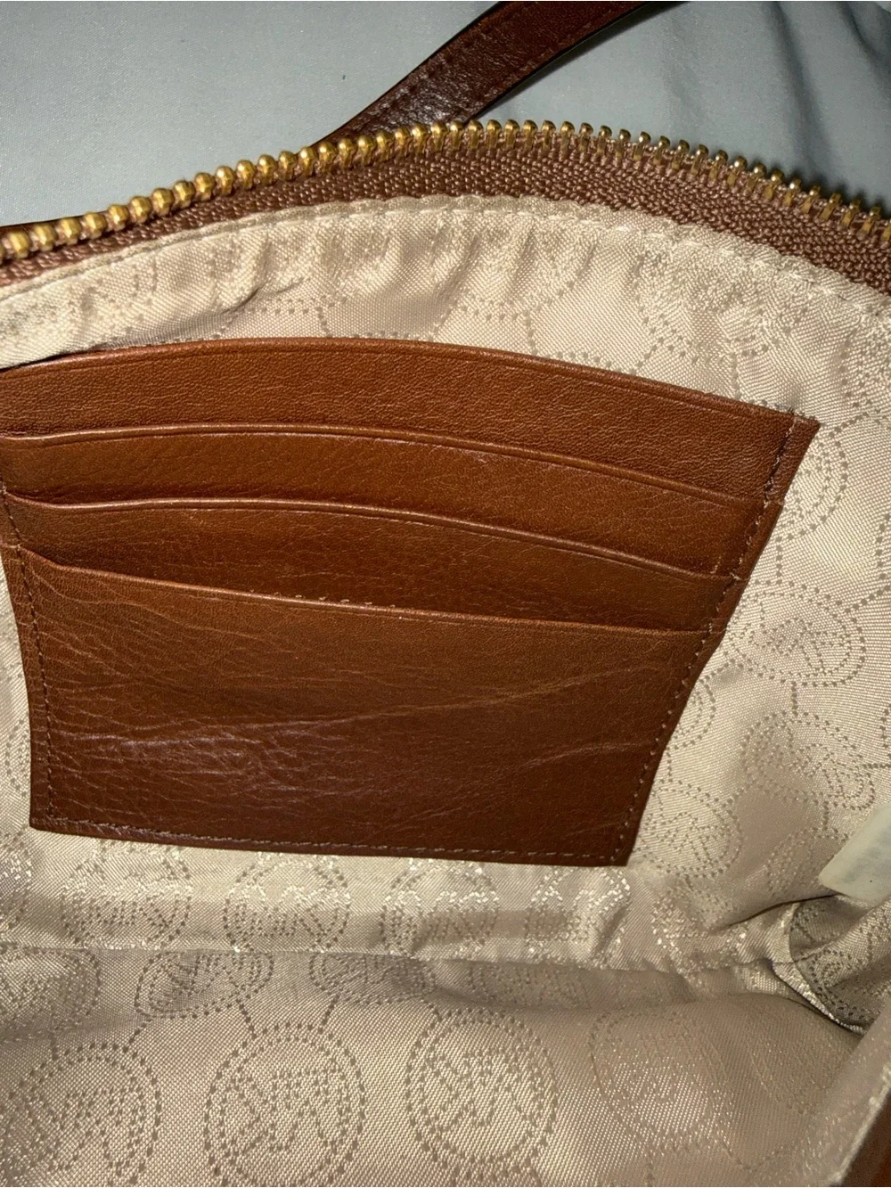 Michael Kors Beige & Brown Logo Mini Wristlet with Gold Hardware